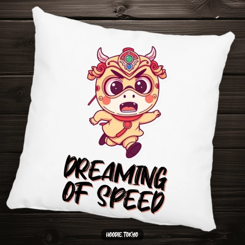 Funny pillow depicting a mischievous character with big, excited eyes, wearing a traditional Japanese festival mask and running.