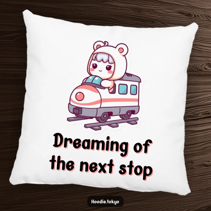 Funny Kawaii character embarking on a whimsical journey aboard a miniature bullet train, offering humorous comfort as a pillow.