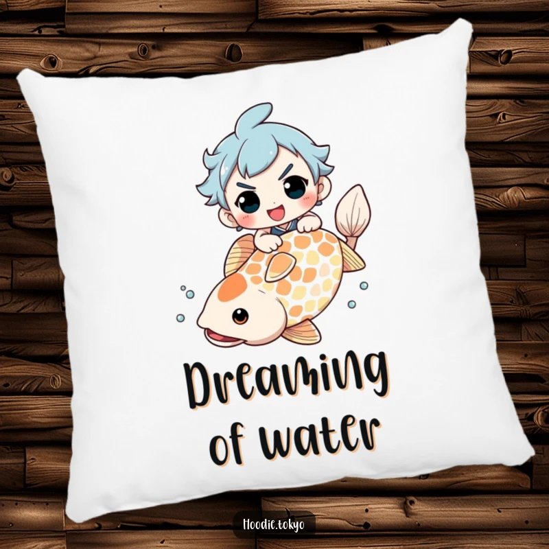 Funny Pillow: Adorable character with a determined grin riding a giant koi fish, offering comfort and humor.