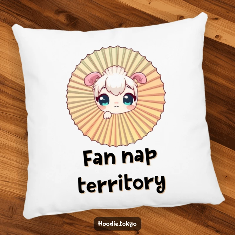 Funny curious character pillow design, peeking through a giant fan.