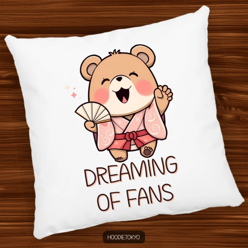 Funny Bear Kimono Pillow: A soft pillow with a cheerful bear in a kimono waving a fan with excitement, adding comfort and fun.
