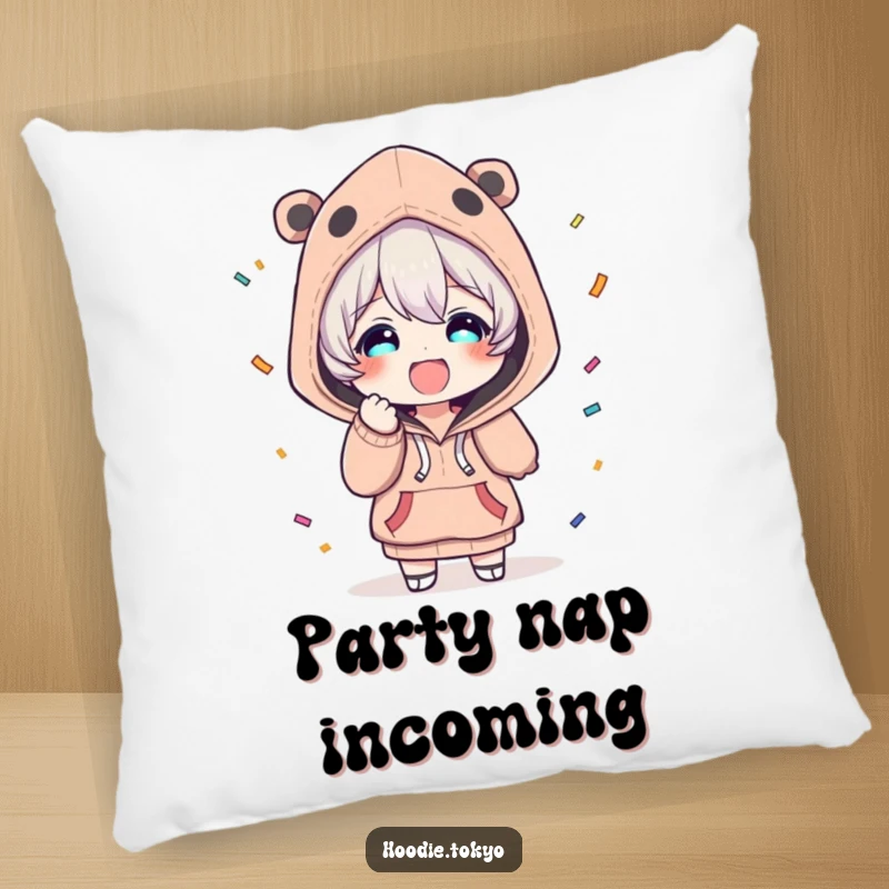 Funny, soft throw pillow with a character in a unique hoodie, looking overjoyed while throwing a shower of colorful confetti.