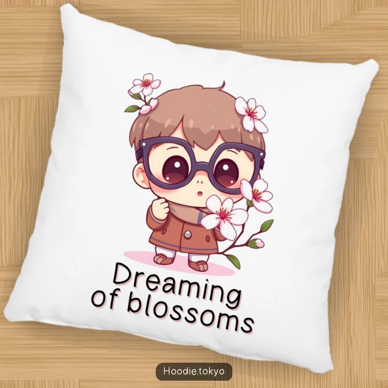 Funny Curious Pillow: A plush cushion with a character in large glasses observing a sakura flower with gentle wonder.