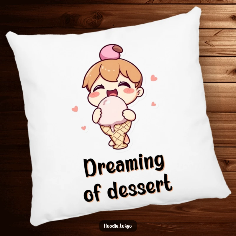 Funny kawaii character pillow featuring a happy character enjoying a massive ice cream scoop, perfect for cozy comfort.
