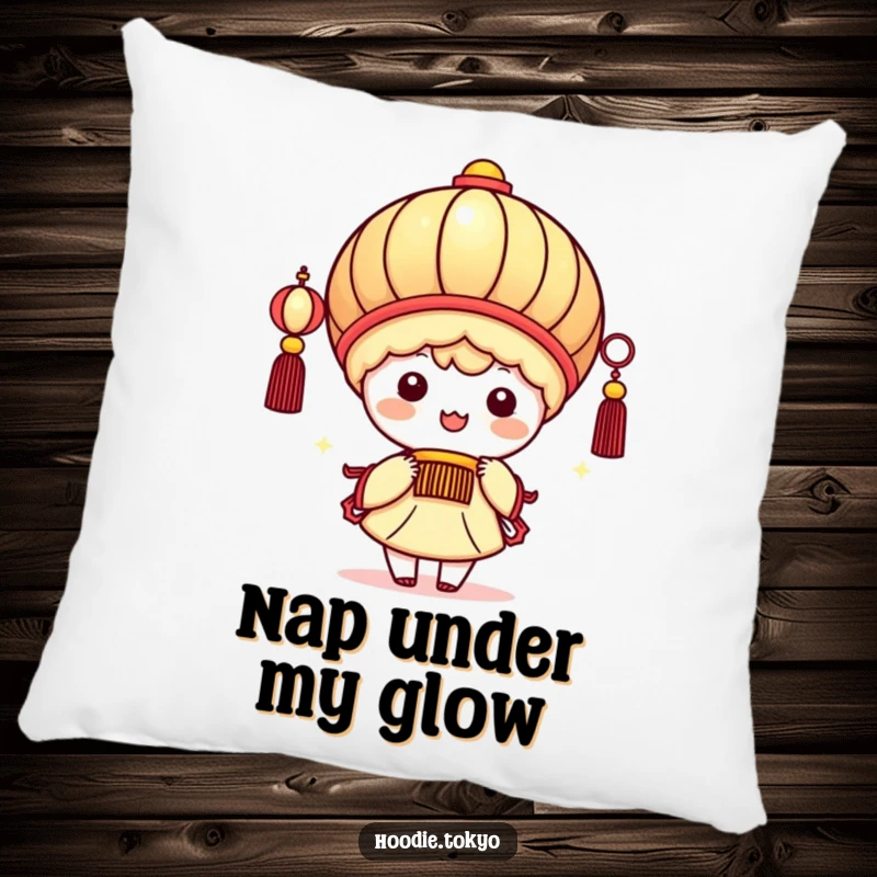 Funny kawaii character holding a giant festive lantern, beaming brightly, soft and comfortable pillow for cute home decor.