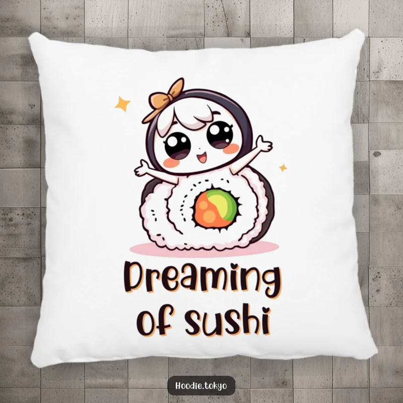 Funny kawaii character with big eyes doing a silly dance on a giant sushi roll, a comfortable and humorous decorative pillow.