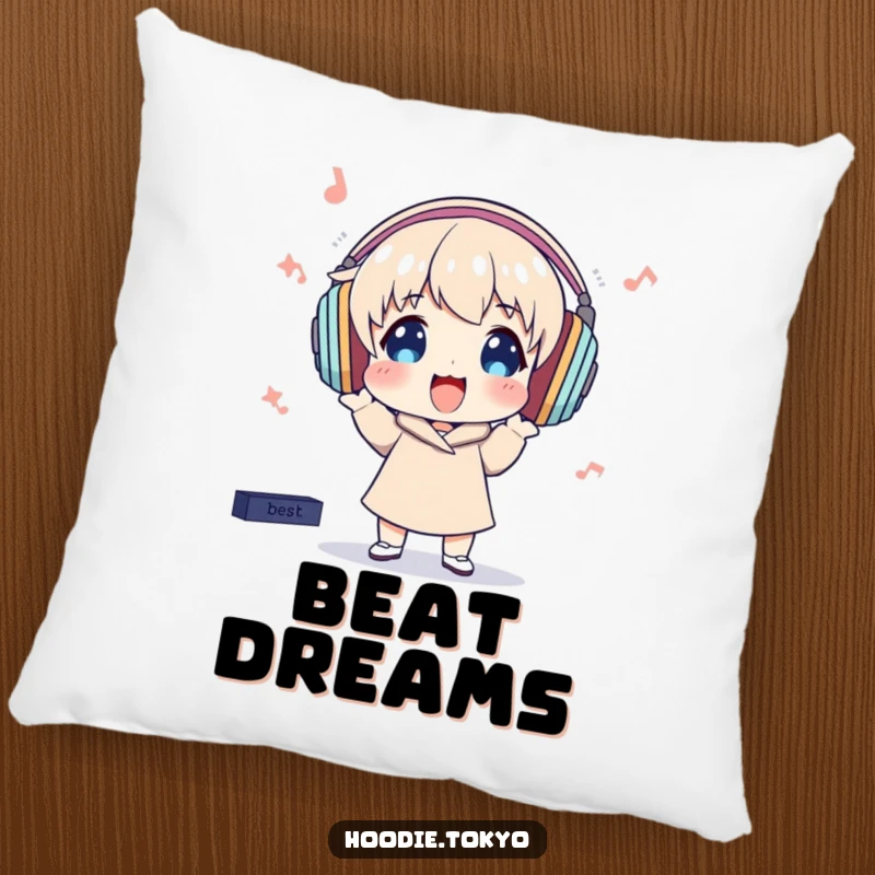 Funny Pillow: Character with large headphones bops energetically, enjoying unseen music, offering cozy comfort.
