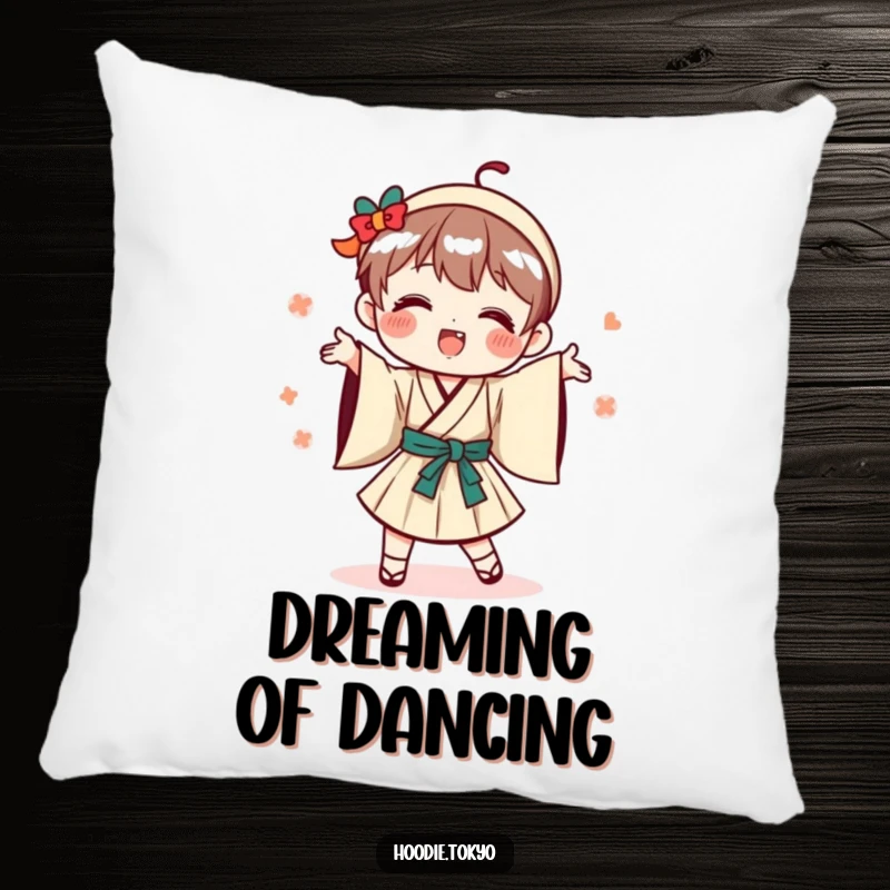 Funny playful Japanese character pillow showing a silly dance in traditional Japanese attire.