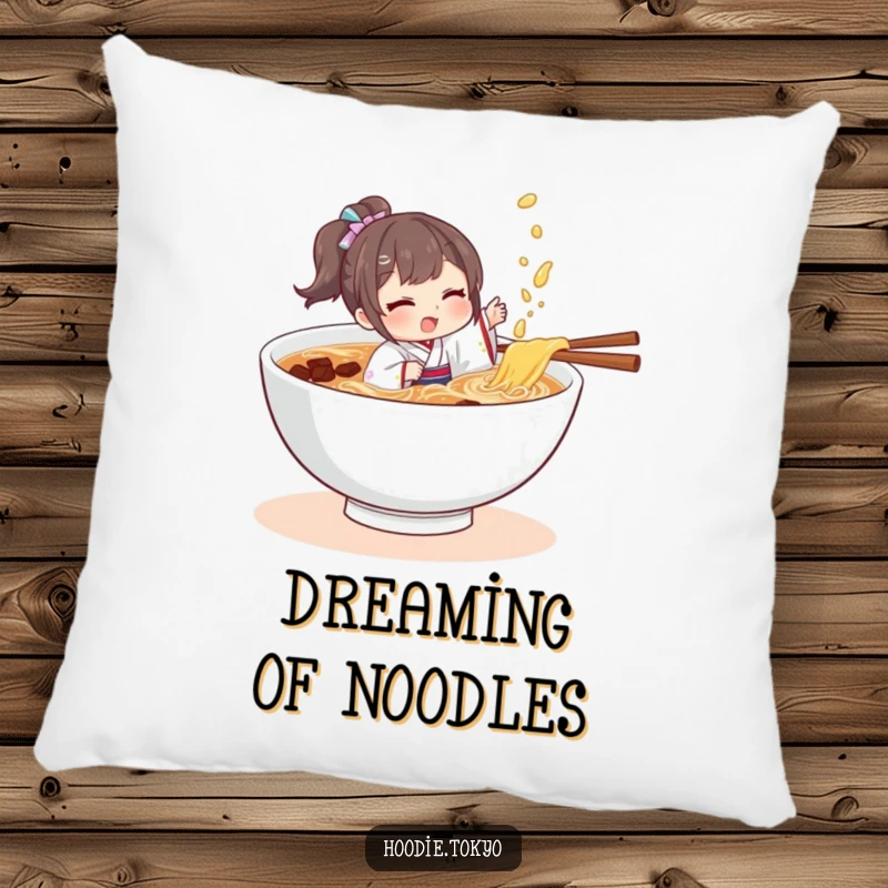 Funny character in a tiny kimono playfully splashing in a bowl of ramen, a comfortable and humorous decorative pillow.