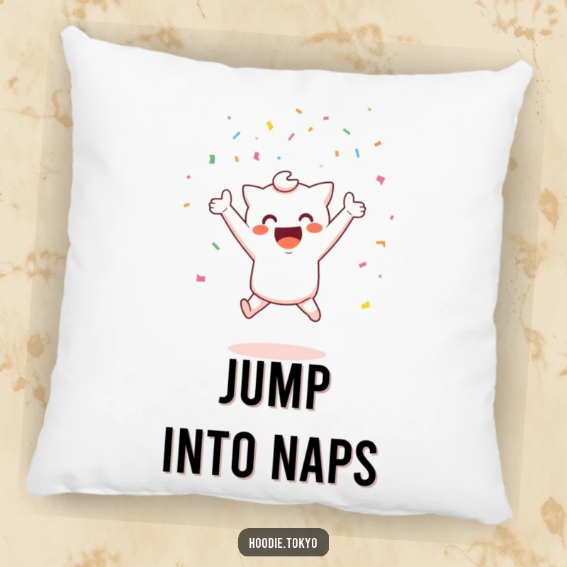 Funny celebration kawaii pillow with a cute character jumping with confetti, perfect funny gift.
