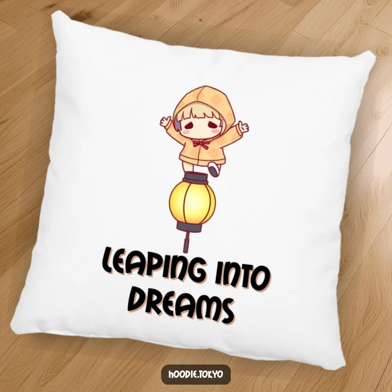 Funny pillow depicting a character in a patterned hoodie leaping over a stylized, glowing lantern.