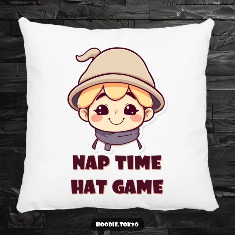Funny Pillow with a Character's Silly Grin and a Tilted Oversized Hat, Perfect for Playful Comfort