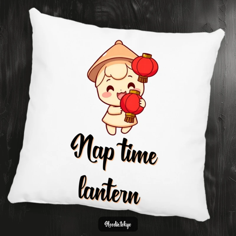 Funny decorative pillow with a smiling character in a tiny conical hat holding a bright red lantern, offering comfort and a festive touch.