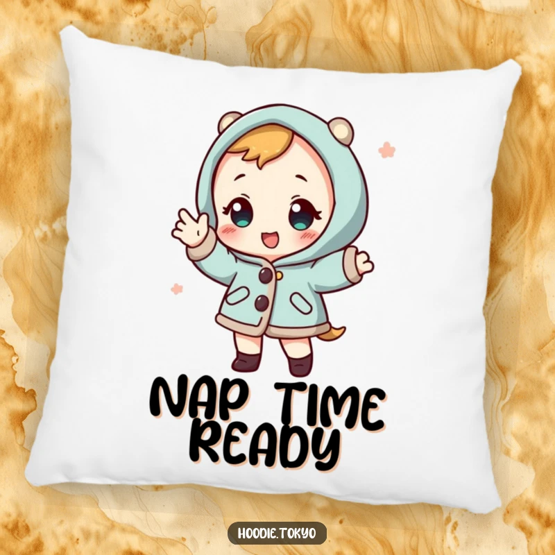 Funny character in a Japanese happi coat striking a playful pose, a soft and humorous decorative pillow.