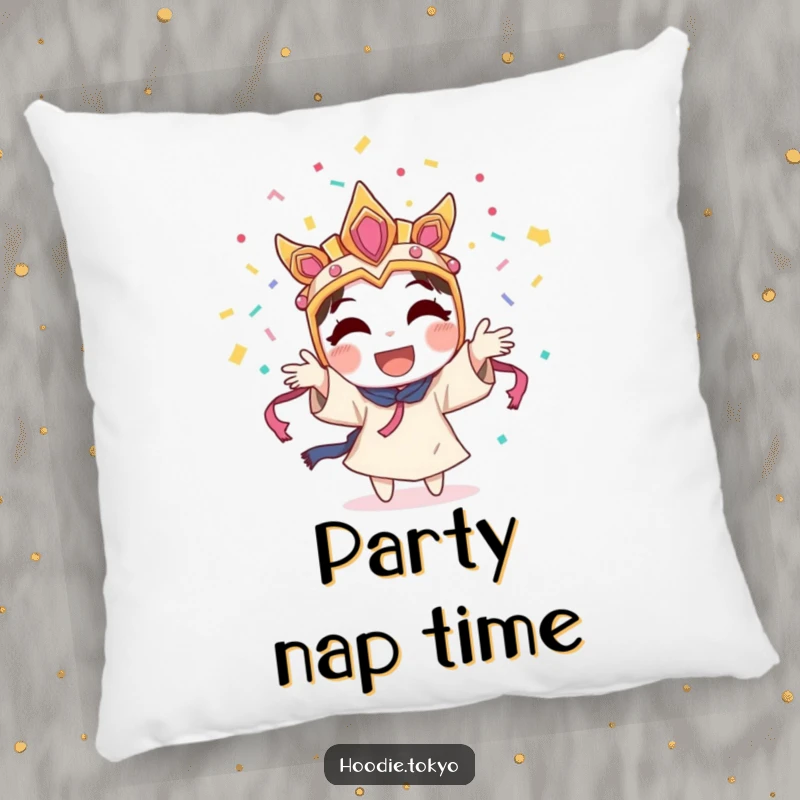 Funny character wearing a festival mask, joyfully throwing confetti into the air, a comfortable and humorous decorative pillow.