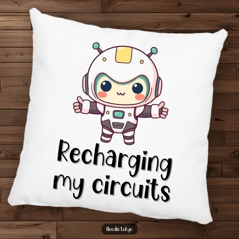 Funny kawaii character in a tiny robot costume, arms outstretched, on a soft pillow. Perfect for humorous and comfortable decor.