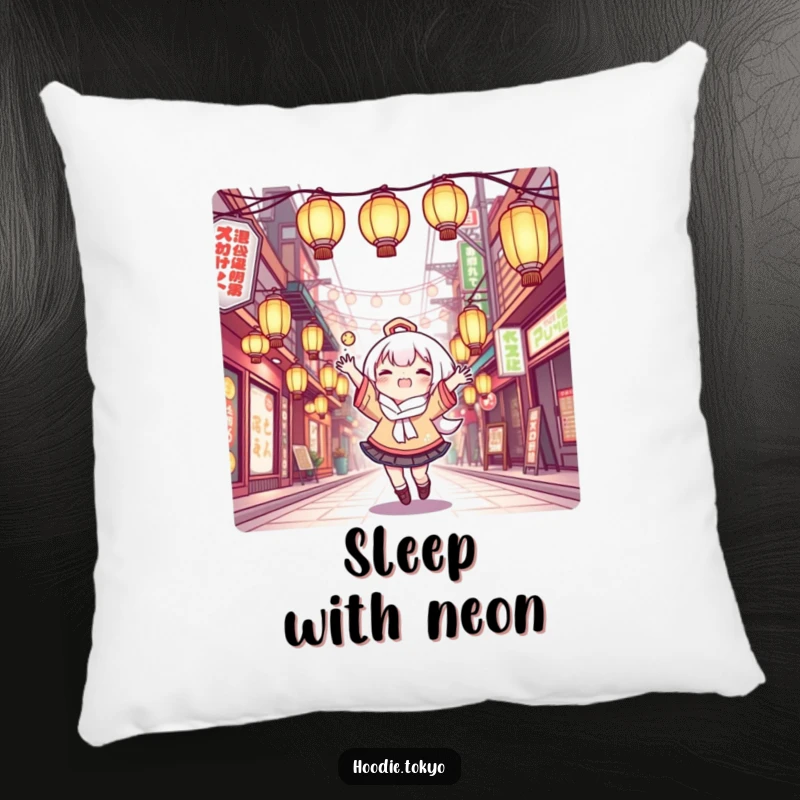 Funny Pillow: Cute Kawaii character juggling glowing lanterns, a soft and humorous decorative accent.