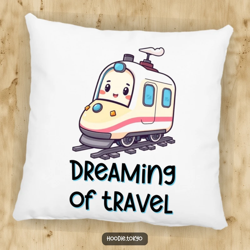 Funny decorative pillow with a happy character playfully bouncing on a miniature bullet train, offering comfort and a touch of speedy fun.