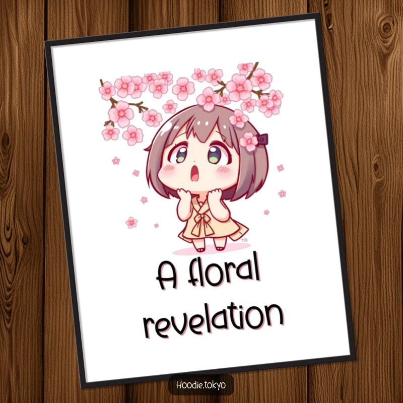Funny surprised Tokyo character looking up at floating cherry blossoms, printable anime art, serene spring scene.