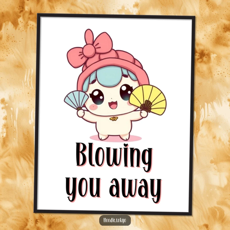 Funny kawaii character digital art print of wide eyes enthusiastically waving a fan, ready for download and display.
