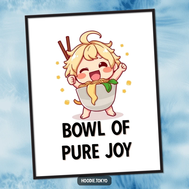 Funny ramen kawaii digital art print of a happy character posing with noodles, ideal funny gift.