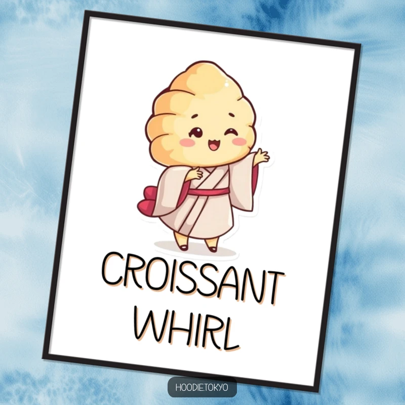 Funny Croissant Kimono Digital Art Print: High-resolution artwork of a smiling croissant character in a kimono twirling playfully, perfect for instant wall decor.