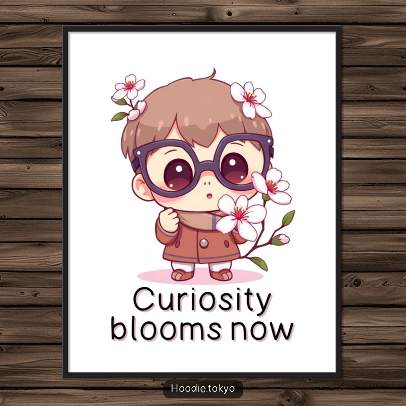 Funny Curious Digital Art Print: Character with large glasses gazes in wonder at a blooming sakura flower.