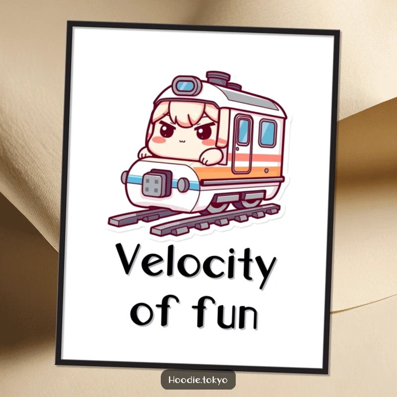 Funny bullet train kawaii digital art print of a determined character on a miniature train, ideal funny gift.