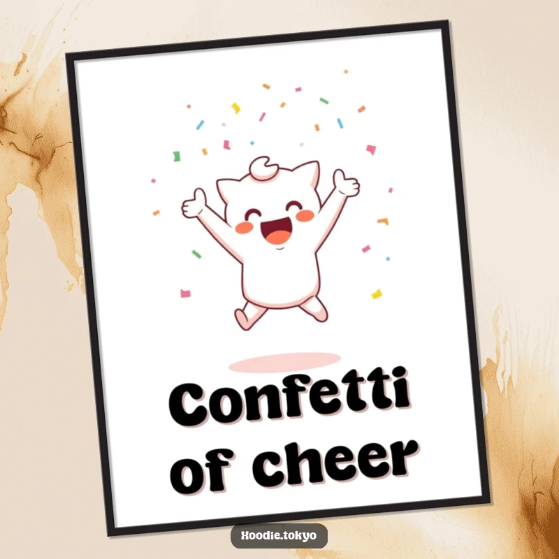 Funny celebration kawaii digital art print of a cute character jumping with confetti, ideal funny gift.