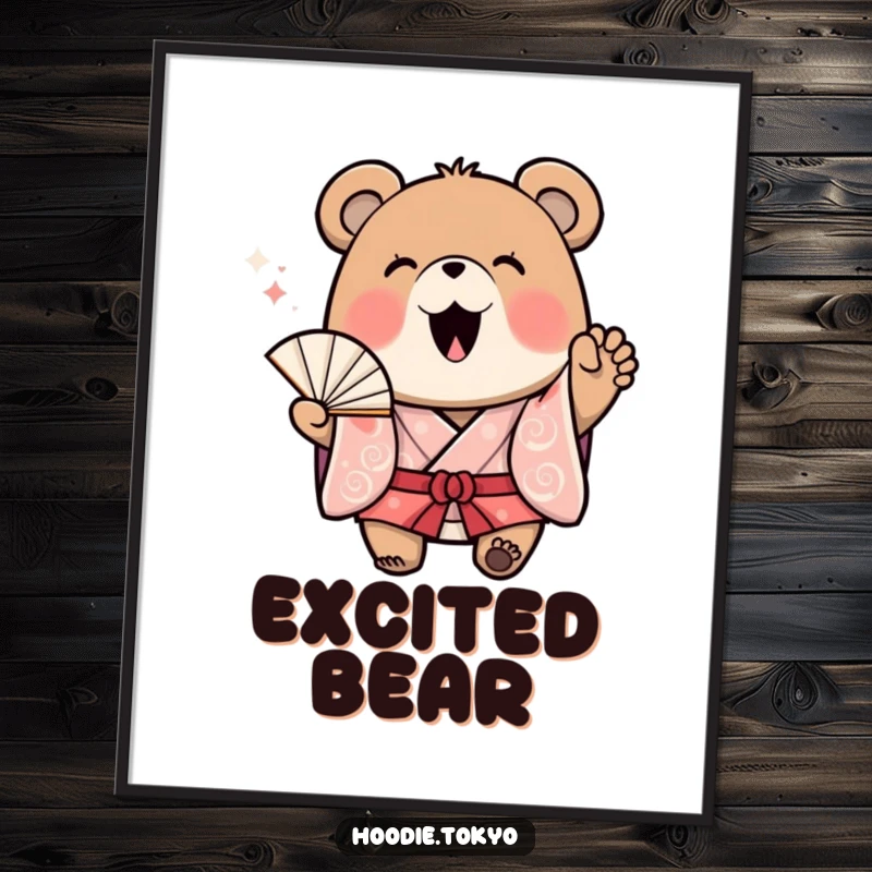 Funny Bear Kimono Digital Art Print: High-resolution artwork of a cheerful bear in a kimono waving a fan with excitement, perfect for instant wall decor.