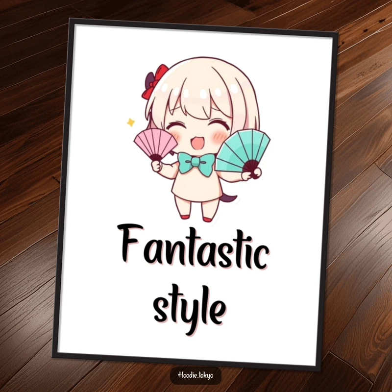 Funny Digital Art Print: Character wearing a cute bow tie energetically waves a fan, exuding sophisticated charm and humor.