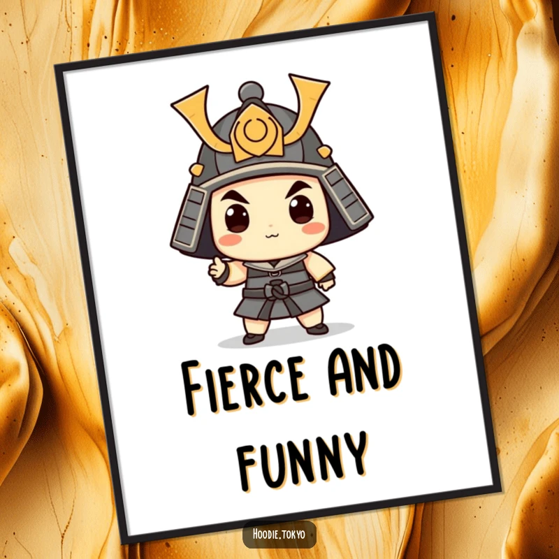 Funny Samurai Digital Art Print: Whimsical character in a small helmet strikes a funny, heroic pose for wall decor.