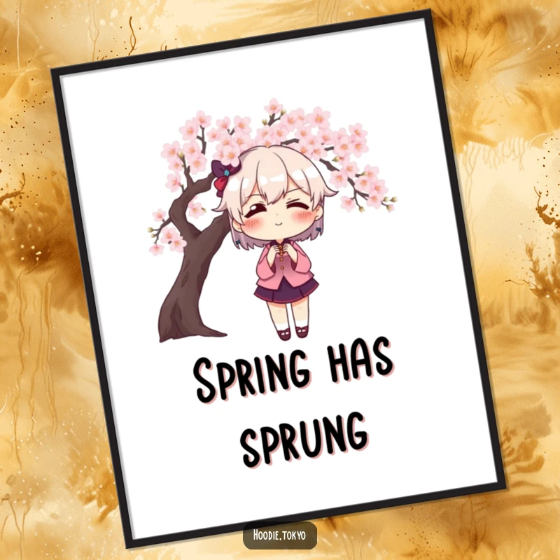 Funny character with exaggerated blush posing dramatically in front of a cherry blossom tree, a humorous and vibrant digital art print.