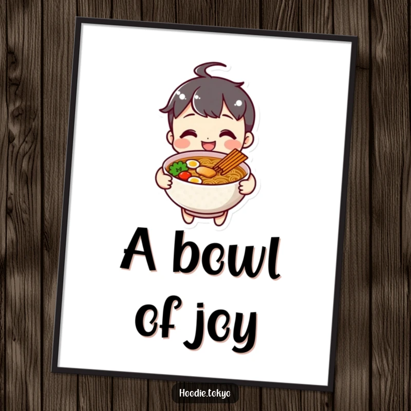 Funny cheerful ramen character digital art print, smiling invitingly with a bowl of ramen.