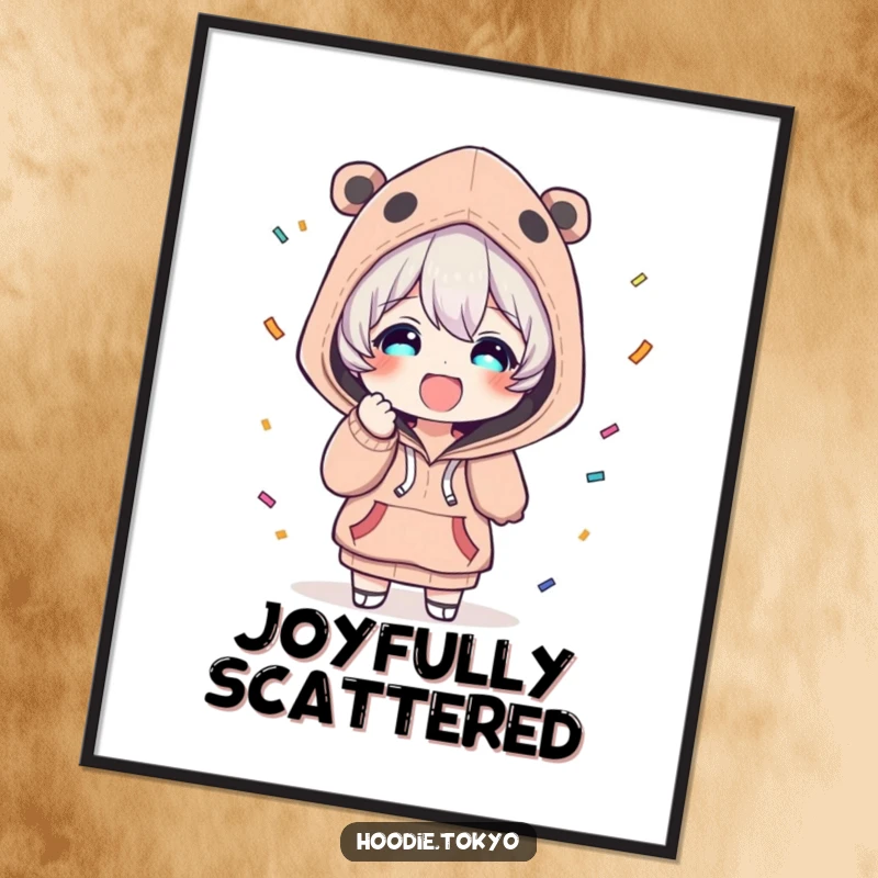 Funny digital art print of a character in a unique hoodie, looking overjoyed while throwing colorful confetti, perfect for decor.