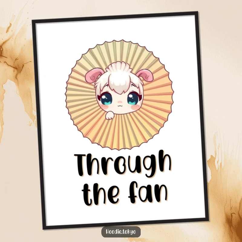 Funny curious character digital art print, playfully peeking through a giant fan.