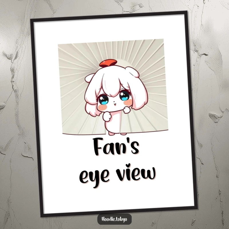 Funny curious character peering through a large decorative fan, printable art for lovers of mystery and anime style.