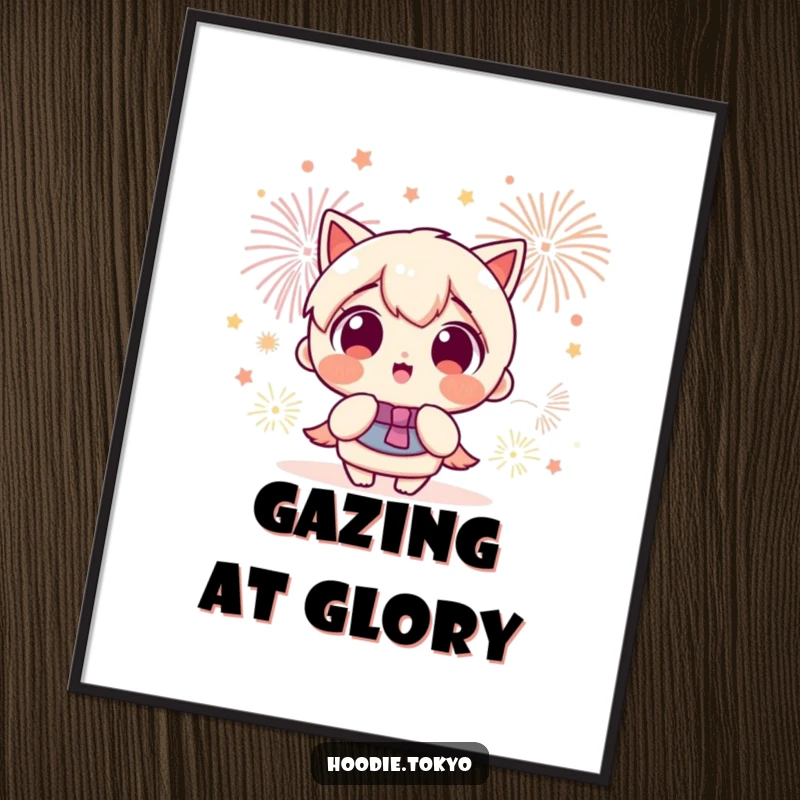 Funny Kawaii character with wide, excited eyes watching a colorful fireworks display, available as a joyful digital art print.