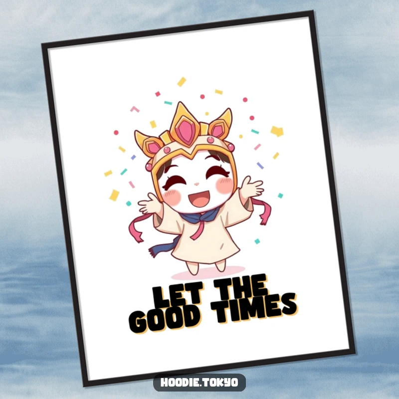 Funny character wearing a festival mask, joyfully throwing confetti into the air, a humorous and vibrant digital art print.