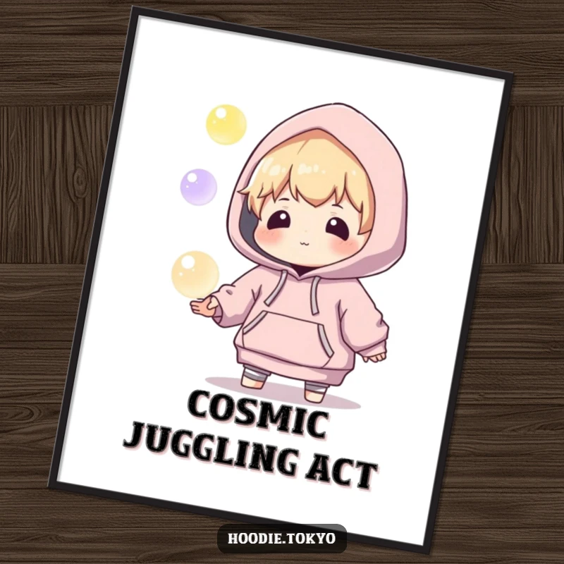 Funny digital art print of a playful character in an oversized hoodie, juggling glowing orbs with focus, perfect for magical decor.