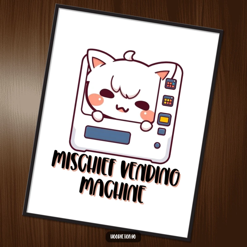 Funny Kawaii character with a mischievous grin peeking from a vending machine, presented as a high-resolution digital art print for humorous decor.