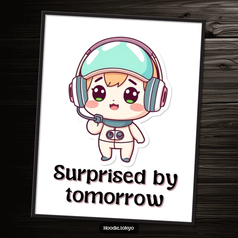 Funny kawaii character digital art print, surprised expression, wearing a futuristic headset, humorous wall decor, instant download.