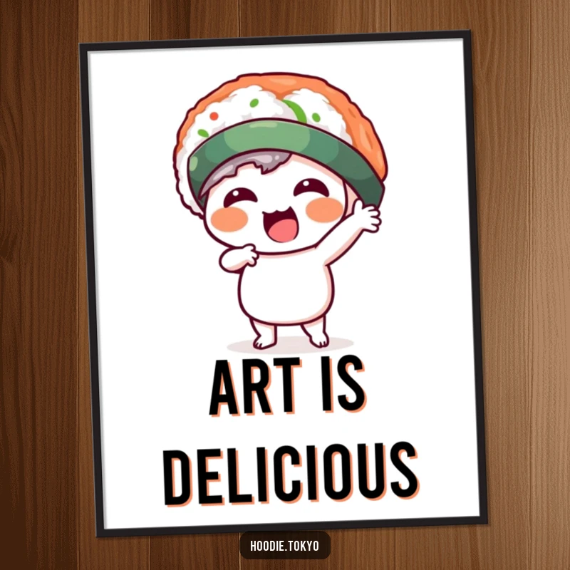 Funny kawaii character wearing a silly sushi hat, striking a dynamic pose, available as a digital art print. Instantly adds humor to decor.