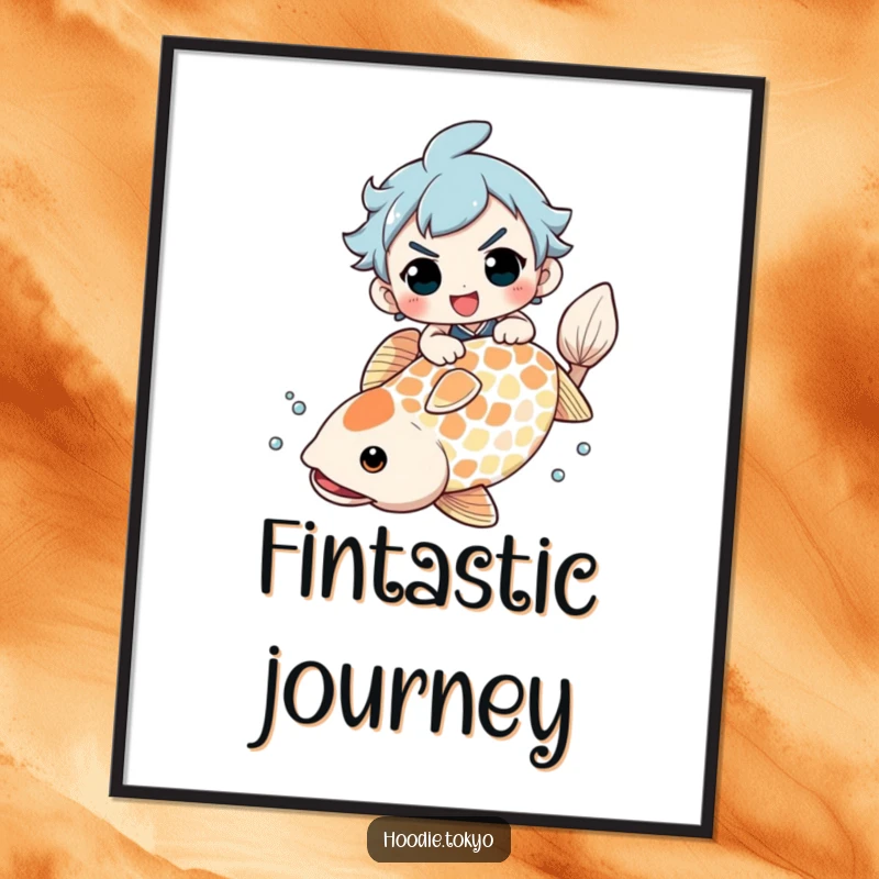 Funny Digital Art Print: Character with a determined grin attempts to ride a giant koi fish, capturing a moment of hilarious ambition.