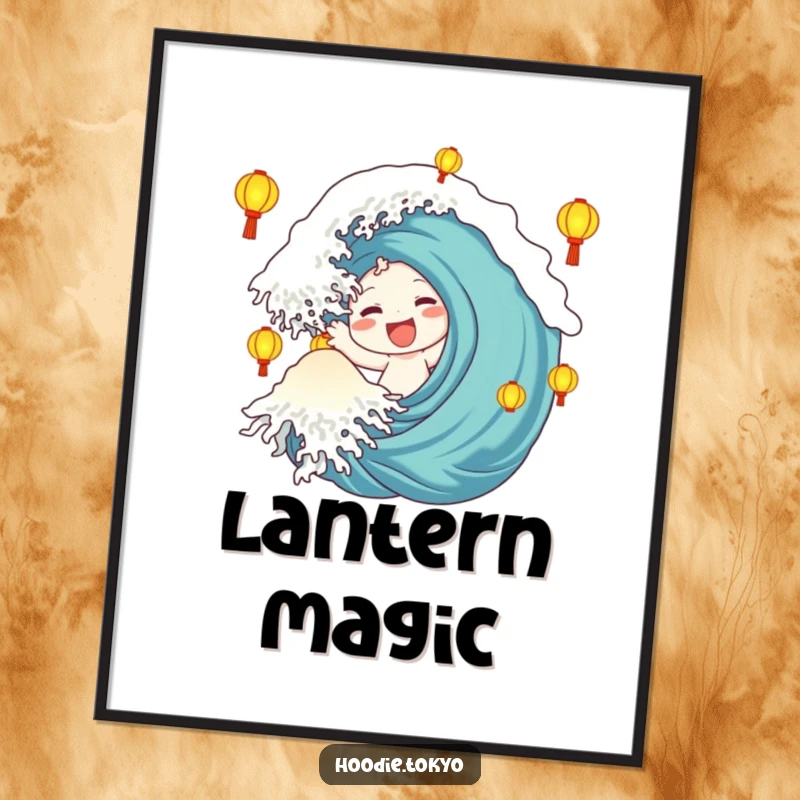 Funny Digital Art Print: Character with a happy wave is surrounded by glowing lanterns, creating a warm and festive scene.