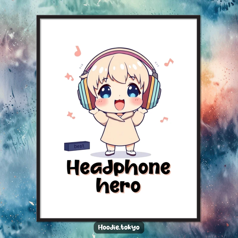 Funny Digital Art Print: Character with oversized headphones bops excitedly, lost in the rhythm of unseen music, radiating joy.