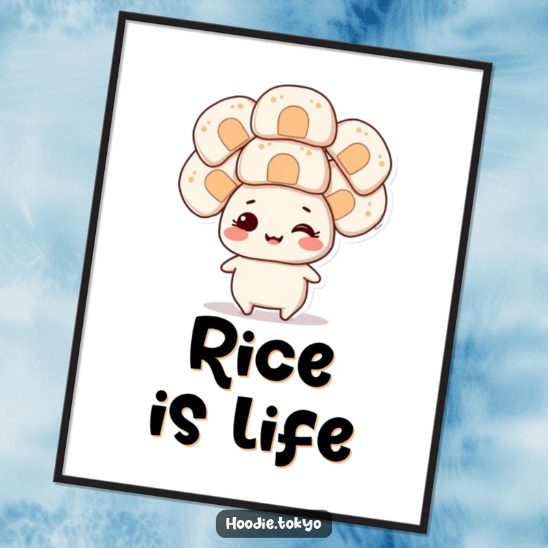 Funny smiling character balancing several oversized onigiri on its head, a humorous and impressive digital art print.