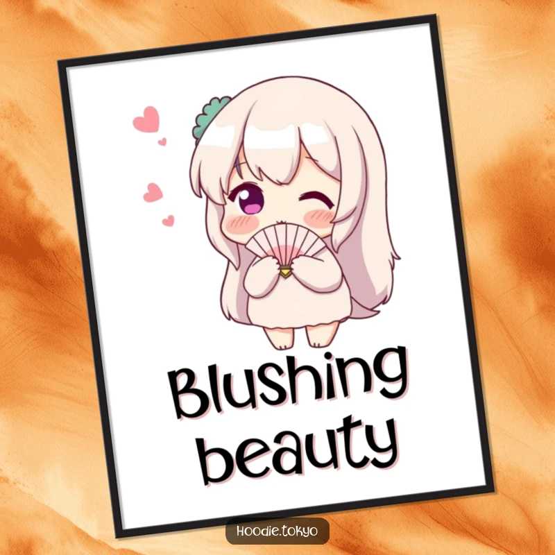 Funny Shy Fan Digital Art Print: Blushing character with a tiny fan looks shyly at an imagined admirer.