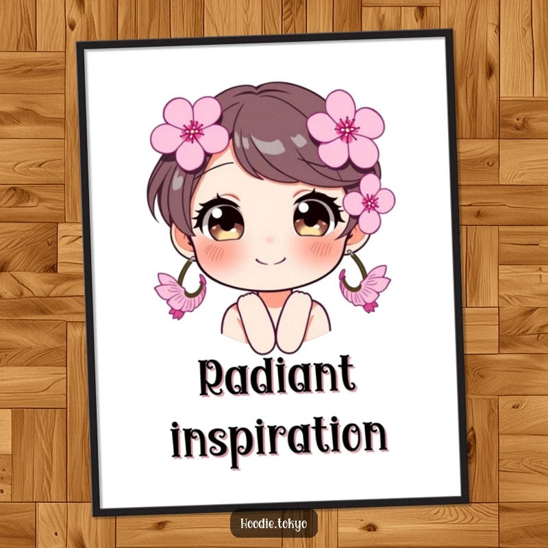 Funny smiling character with oversized cherry blossom earrings, eyes sparkling, a high-quality humorous digital art print.