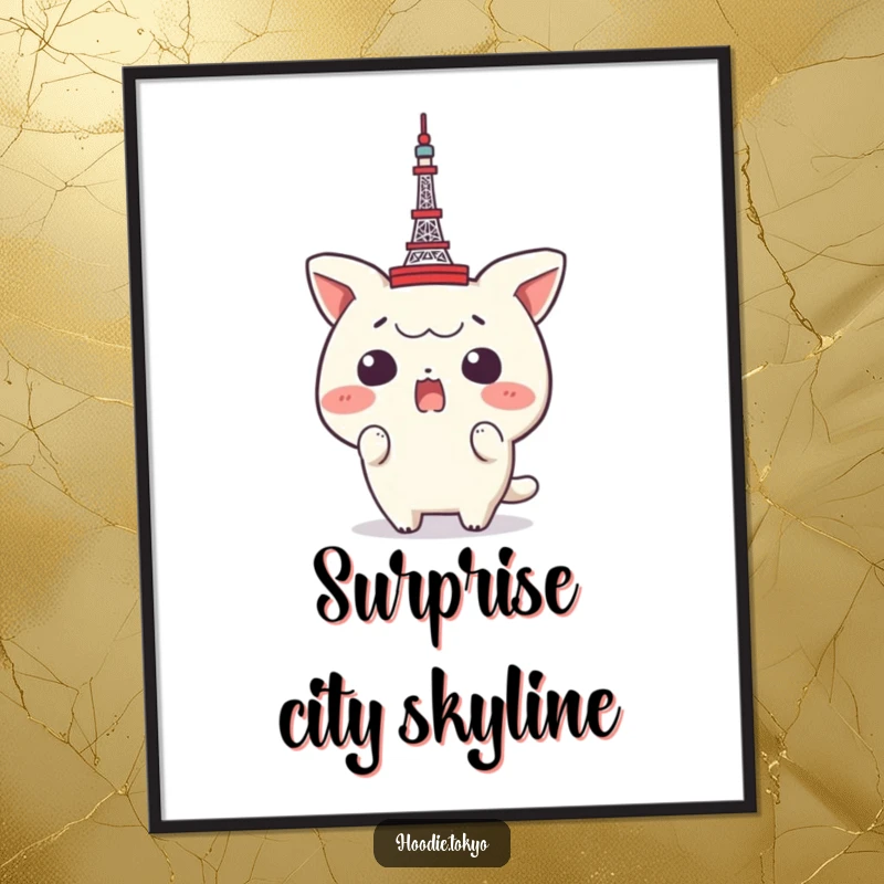 Funny Tokyo Tower Digital Art Print: A character’s comical surprise at a tiny Tokyo Tower perched on its head, perfect for travel-themed humor.